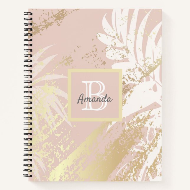 Pink gold palm tree leaves monogrammed notebook (Front)