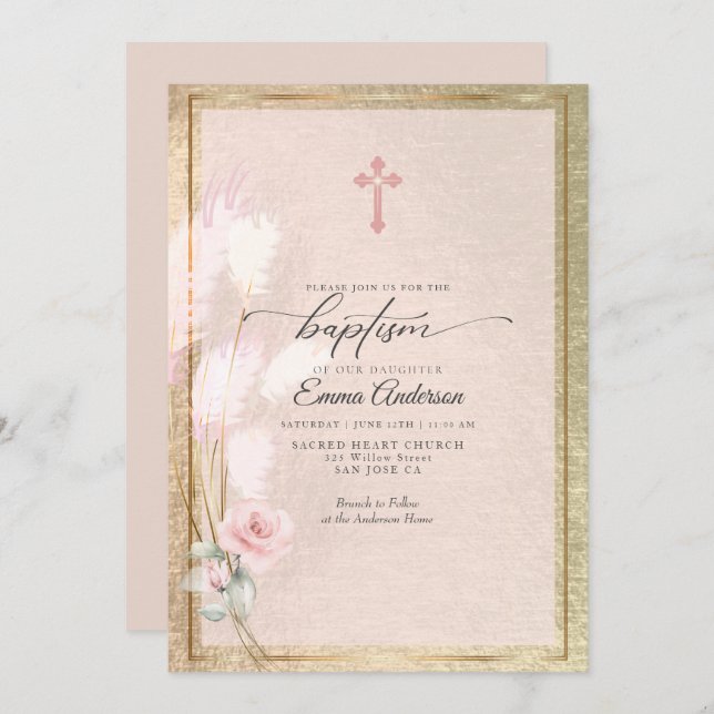 Pink Gold Pampas Grass  Floral BAPTISM Invitation (Front/Back)
