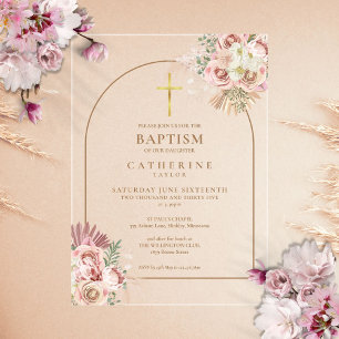 Pink Gold Pampas Grass Girl Baptism Christening  Acrylic Invitations