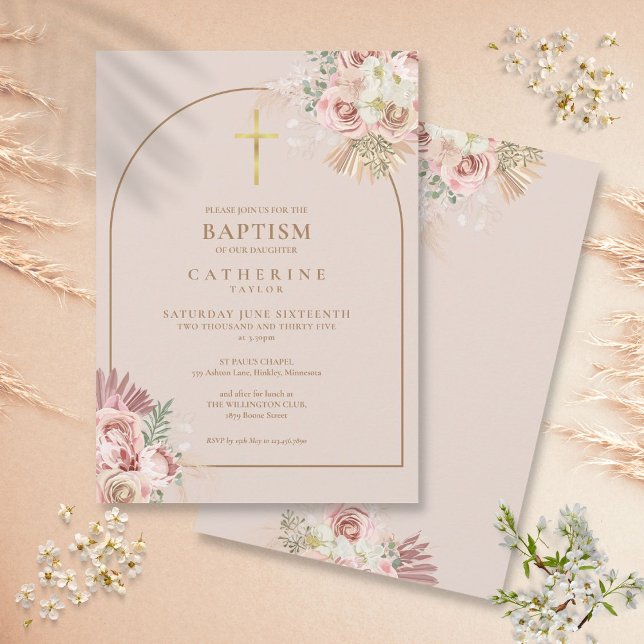 Pink Gold Pampas Grass Girl Baptism Christening  Invitation (Pink Gold Pampas Grass Girl Baptism Christening Invitation)