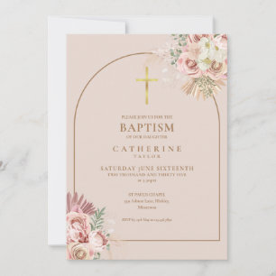 Pink Gold Pampas Grass Girl Baptism QR Code Invitation