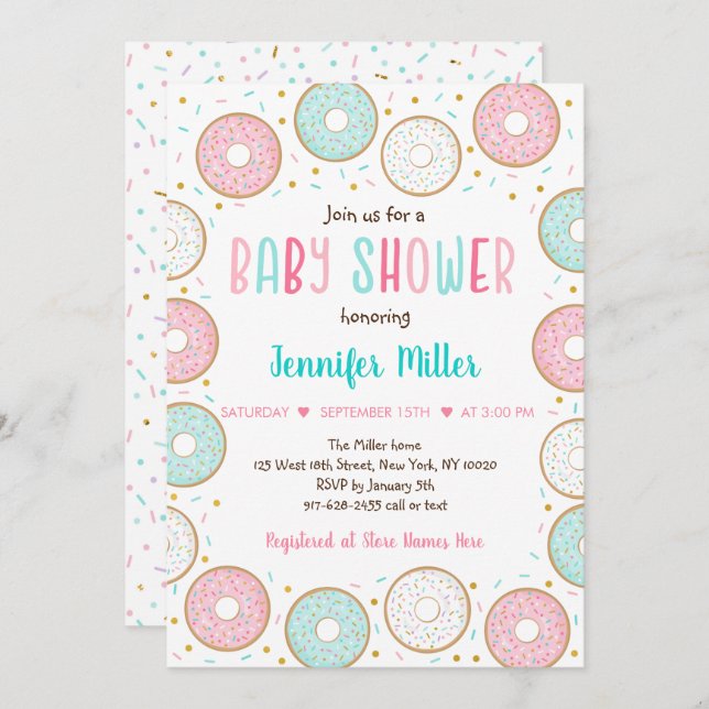 Pink Gold Pastel Doughnut Baby Shower Invitation (Front/Back)