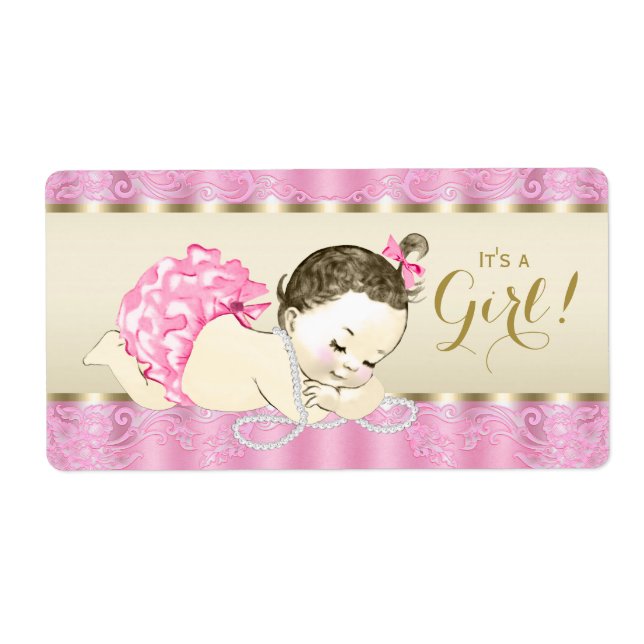Pink Gold Pearl Baby Shower Water Bottle Labels (Front)
