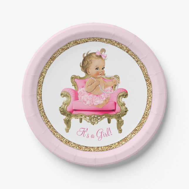 Pink Gold Pearl Chair Girl Baby Shower Paper Plate (Front)