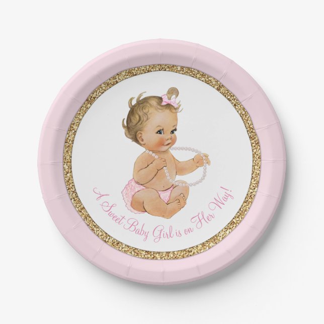 Pink Gold Pearl Girl Baby Shower Paper Plate (Front)