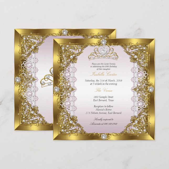Pink Gold Pearl Lace Tiara Damask Birthday Party Invitation (Front/Back)