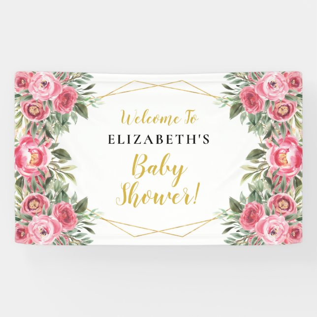 Pink Gold Peonies Baby Shower Banner (Horizontal)