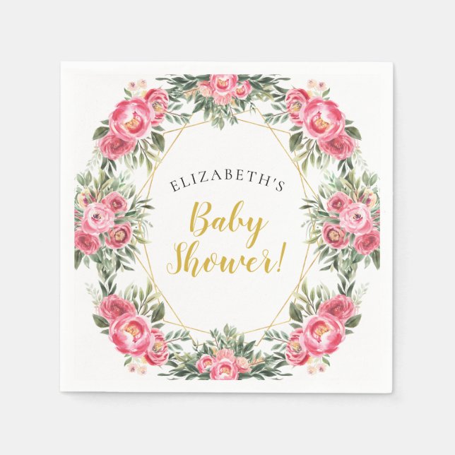 Pink Gold Peonies Baby Shower Napkin (Front)