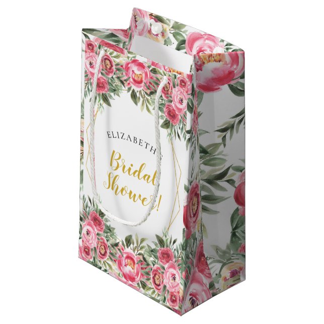 Pink Gold Peonies Bridal Shower Small Gift Bag (Front Angled)