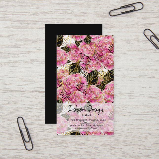 Pink gold peonies business card (Front/Back In Situ)