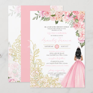 Pink & Gold Peonies Floral Quinceanera Birthday Invitation