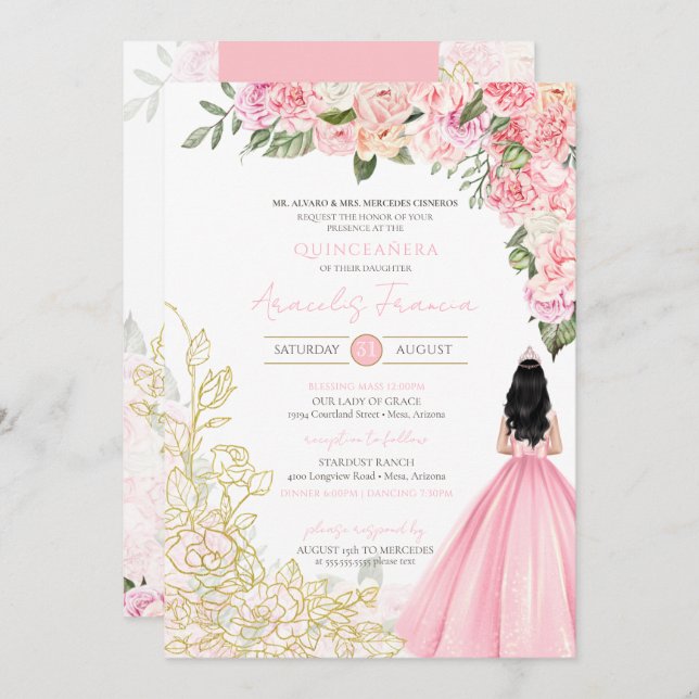 Pink & Gold Peonies Floral Quinceanera Elegant Invitation (Front/Back)