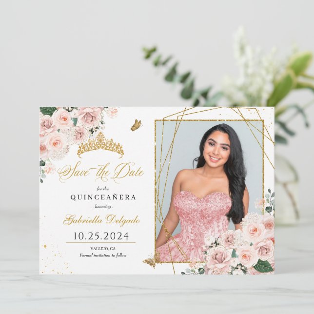 Pink & Gold Photo Card Quinceañera Save The Date (Standing Front)