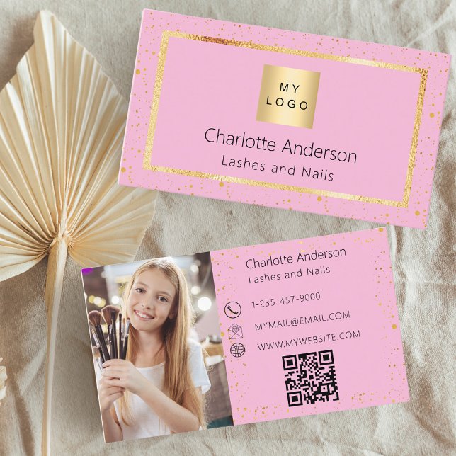 Pink gold photo logo modern QR code Business Card (Creator Uploaded)