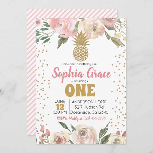 Pink & Gold Pineapple Birthday Luau Invitation (Front/Back)