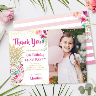 Pink Gold Pineapple Birthday Photo Thank You Card