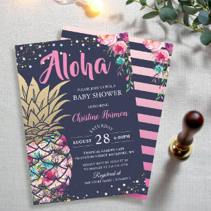 Pink Gold Pineapple Floral Navy Blue Baby Shower Invitation