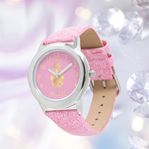 Pink gold pineapple name script tropical girl watch