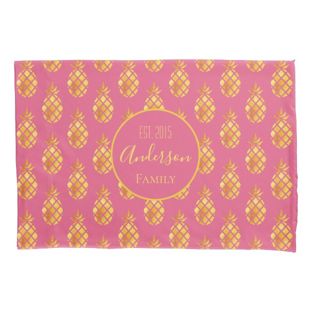Pink gold pineapples pattern name pillowcase (Front)