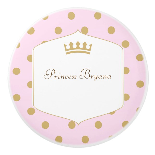 Pink & Gold Polka Dots Princess Crown Dresser Ceramic Knob (Front)