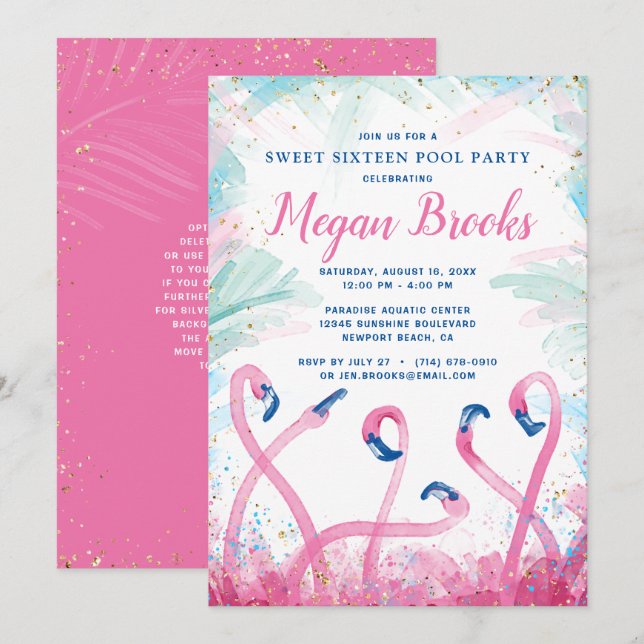 Pink Gold Pool Party Tropical Flamingo Birthday Invitation (Front/Back)