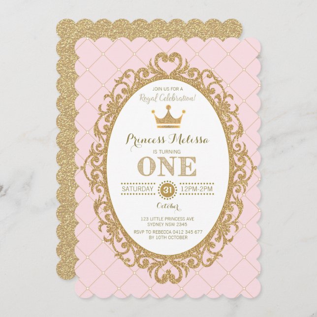 Pink Gold Princess 1st Birthday Party Crown Invite (Front/Back)