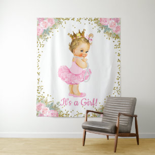 Pink Gold Princess Baby Shower Backdrop Tapestry