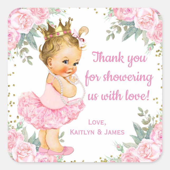 Pink Gold Princess Baby Shower Favour Stickers (Front)