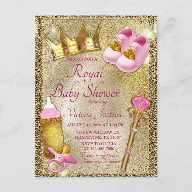 Pink Gold Princess Baby Shower Invitation Postcard (Front)
