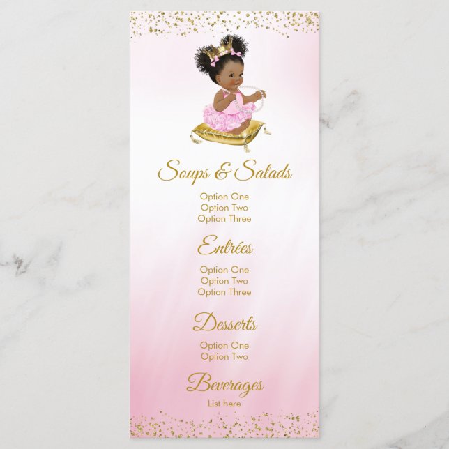 Pink Gold Princess Baby Shower Menus (Front)