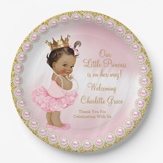 Pink Gold Princess Baby Shower Paper Plates (Front)