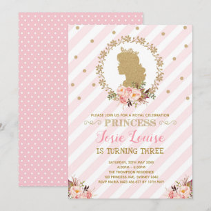 Pink Gold Princess Birthday Chic Floral Royal Invitation