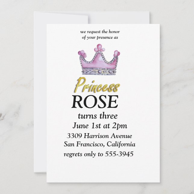 Pink & Gold princess birthday invitation (Front)