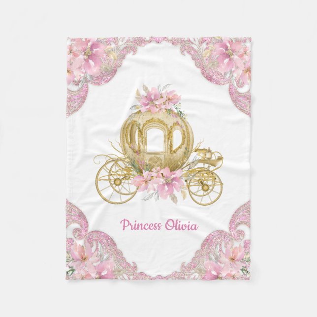 Pink Gold Princess Carriage Baby Blanket (Front)