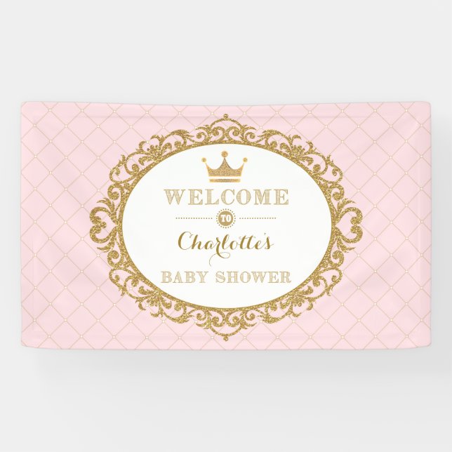 Pink Gold Princess Crown Baby Shower Welcome Banner (Horizontal)