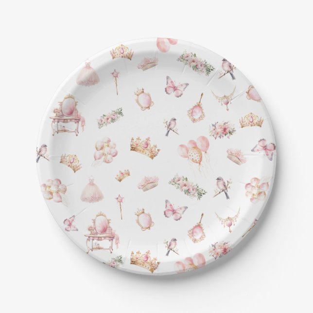 Pink Gold Princess Crown Birthday Party  Paper Plate (Front)