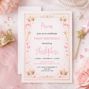 Pink Gold Princess Crown Fairytale 1st Birthday Invitation