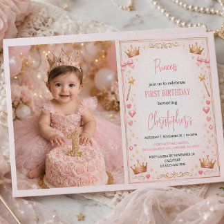 Pink Gold Princess Crown Fairytale 1st Birthday Invitation