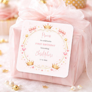 Pink Gold Princess Crown Fairytale 1st Birthday Square Sticker