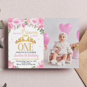 Pink Gold Princess Crown First Birthday Invitation
