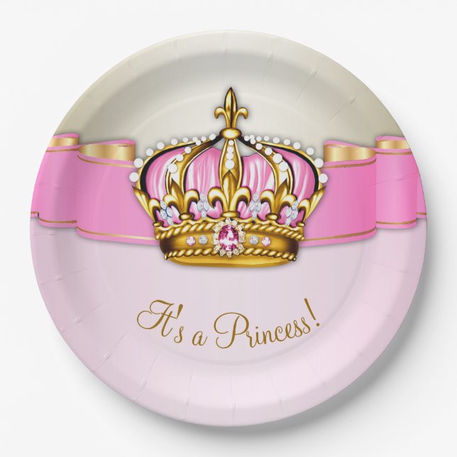 Pink Gold Princess Crown Girl Baby Shower Paper Plate (Front)