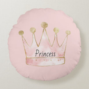 Pink Gold Princess Crown Round Cushion