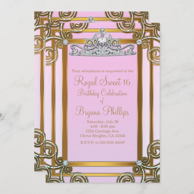 Pink & Gold Princess Crown Tiara Sweet 16 Party Invitation (Front/Back)