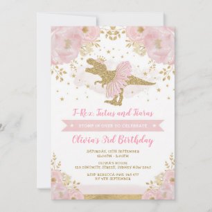 Pink Gold Princess Dinosaur Girl Birthday Invitation