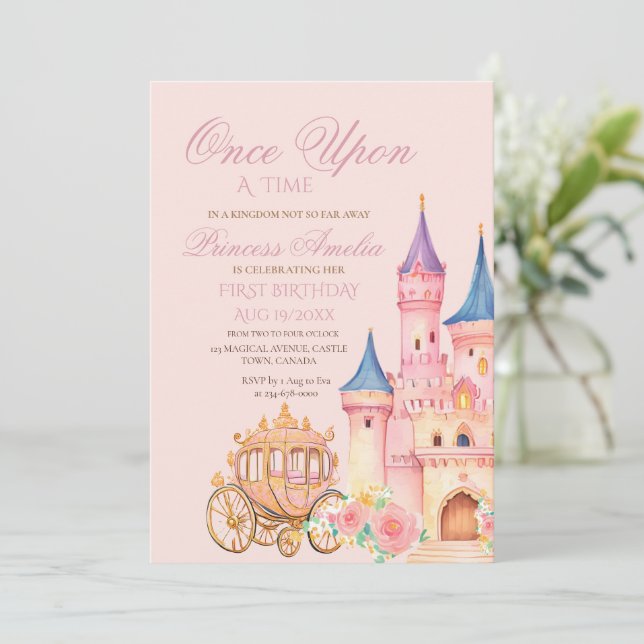  Pink gold Princess Fairytale Birthday Party Invitation (Standing Front)