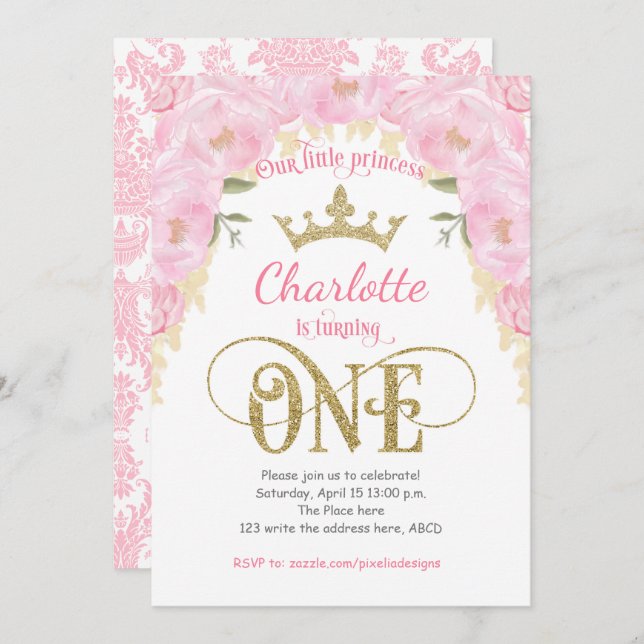 Pink Gold Princess Floral 1st Birthday Invitation (Front/Back)