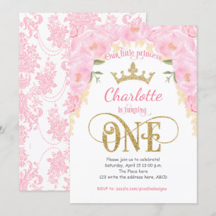 Pink Gold Princess Floral 1st Birthday Invitation