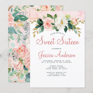 Pink Gold Princess Floral Sweet Sixteen Birthday Invitation