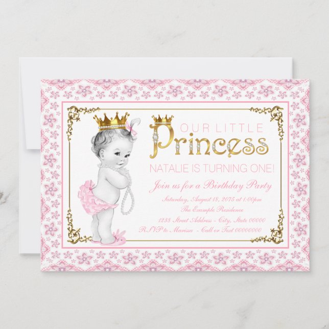 Pink Gold Princess Pearl First Birthday Party Invitation (Front)