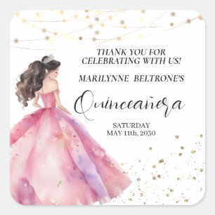 Pink Gold Princess Quinceañera Square Sticker